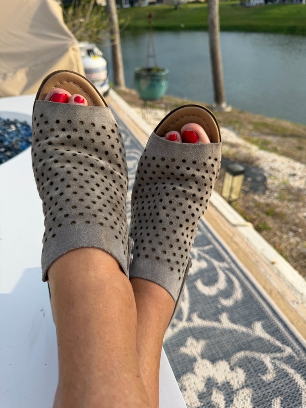 Sophia Milano - Italy. Perforated Open-Toe Suede Mules